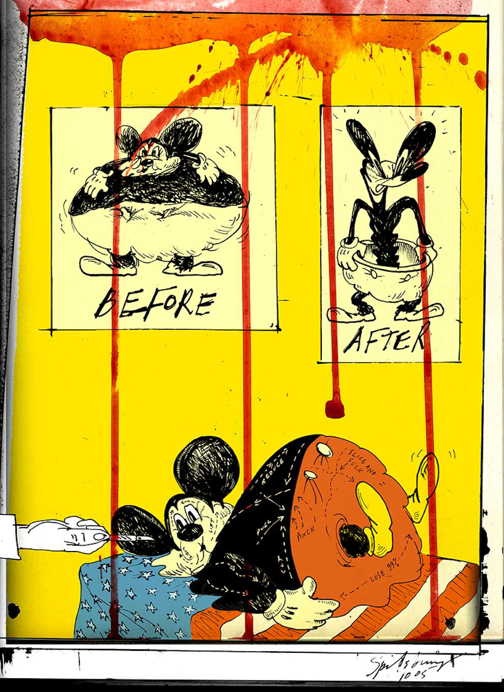 Simon Spilsbury, Humorous cartoon illustration of Mickey Mouse doing esthetic chirurgy 